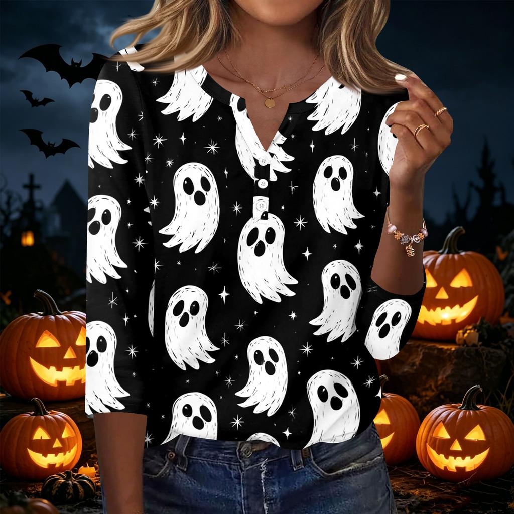 Womens Casual Halloween Print V Neck Button Up Three Quarter Sleeve T Shirt Top with Pumpkin and Pattern for Holiday