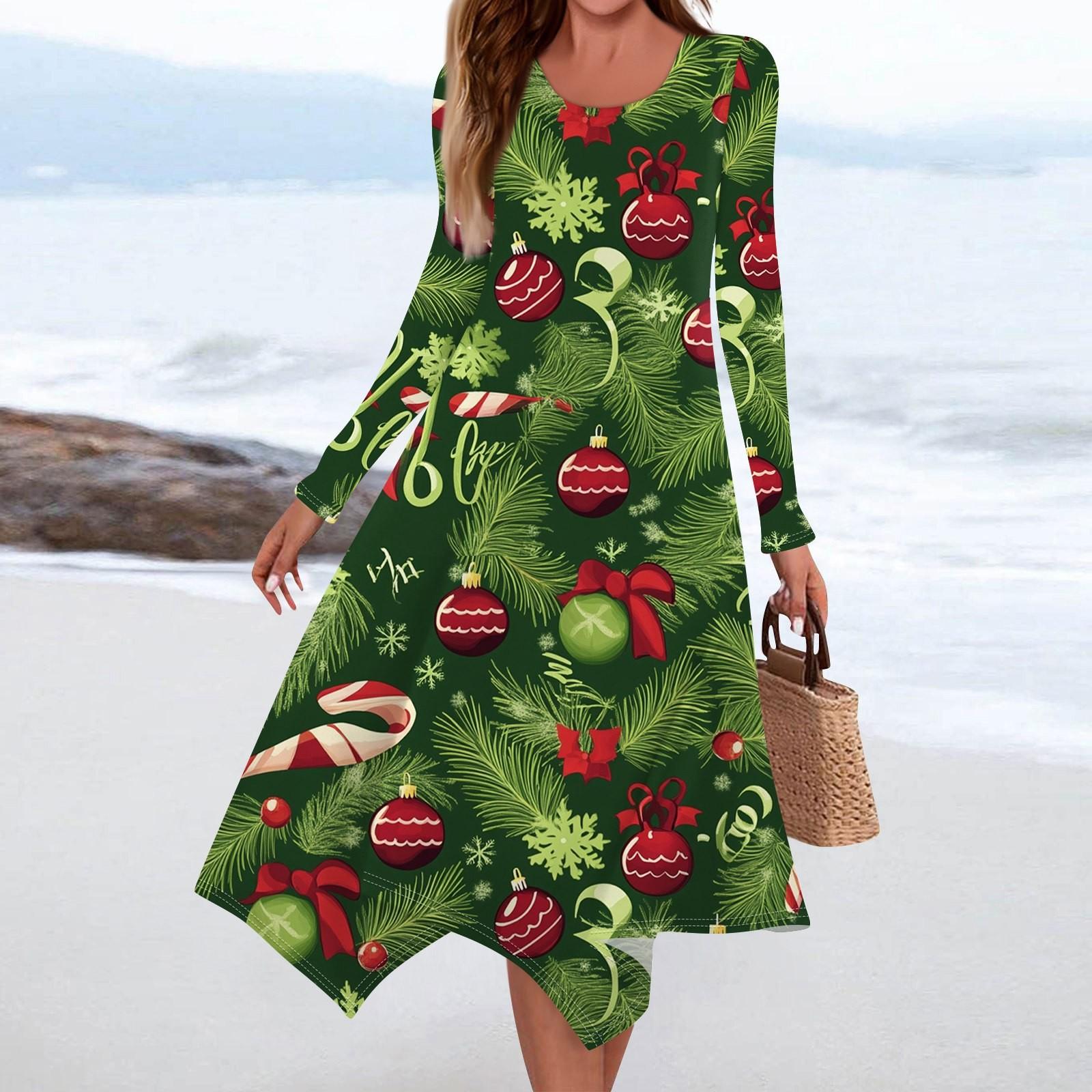 

Женское повседневное облегающее платье с круглым вырезом и длинным рукавом с рождественским принтом и неровным подолом в складку S зелёный