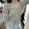 Korean Style O-neck Short Knitted Sweaters Women Thin Cardigan Fashion Open Front Button Up Long Sleeve Crop Top T Shirt Women