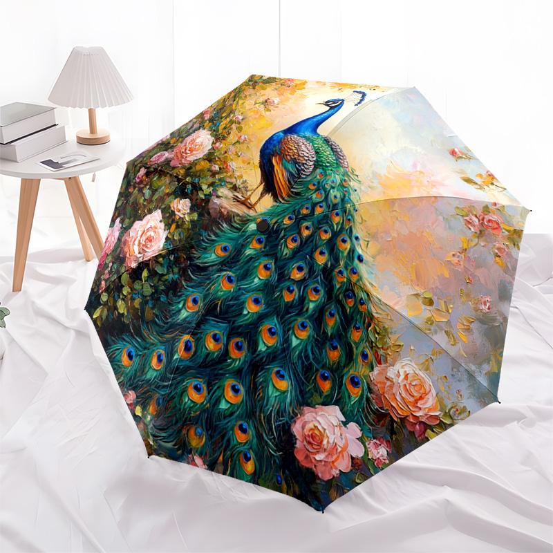 1 PC Automatic Folding Umbrella - Peacock Garden Pattern, Portable & Foldable Design with 8 Ribs, Christmas Birthday Gifts