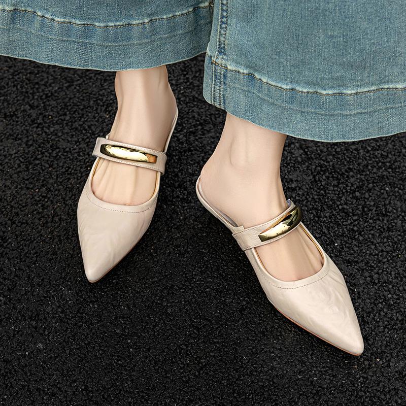Fashion 2025 Summer Women Mules Genuine Leather Women Shoes Pointed Toe Med Heel Slippers Cover Toe Slingback Sandals Metal Buckle Shoe