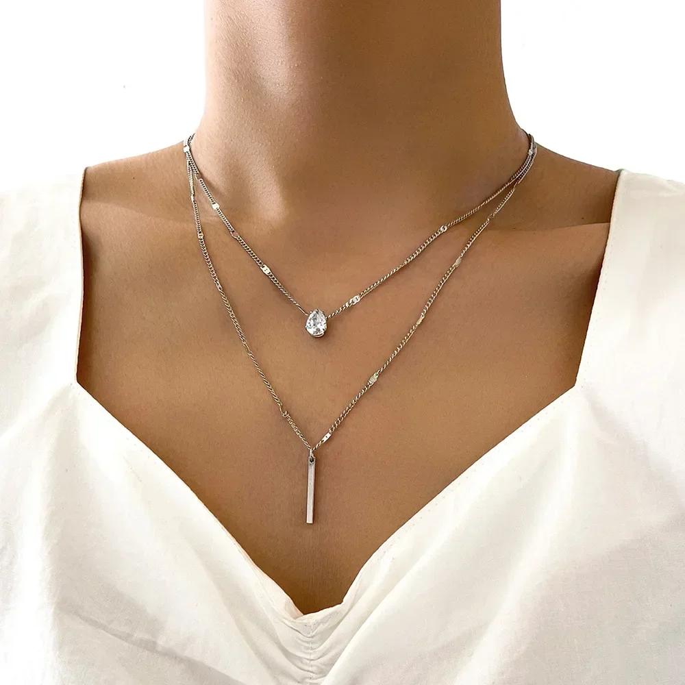 New Fashion Silver Color Double Layer Star Moon Necklace for Women Charm Delicate Zircon Stainless Steel Choker Chain Jewelry
