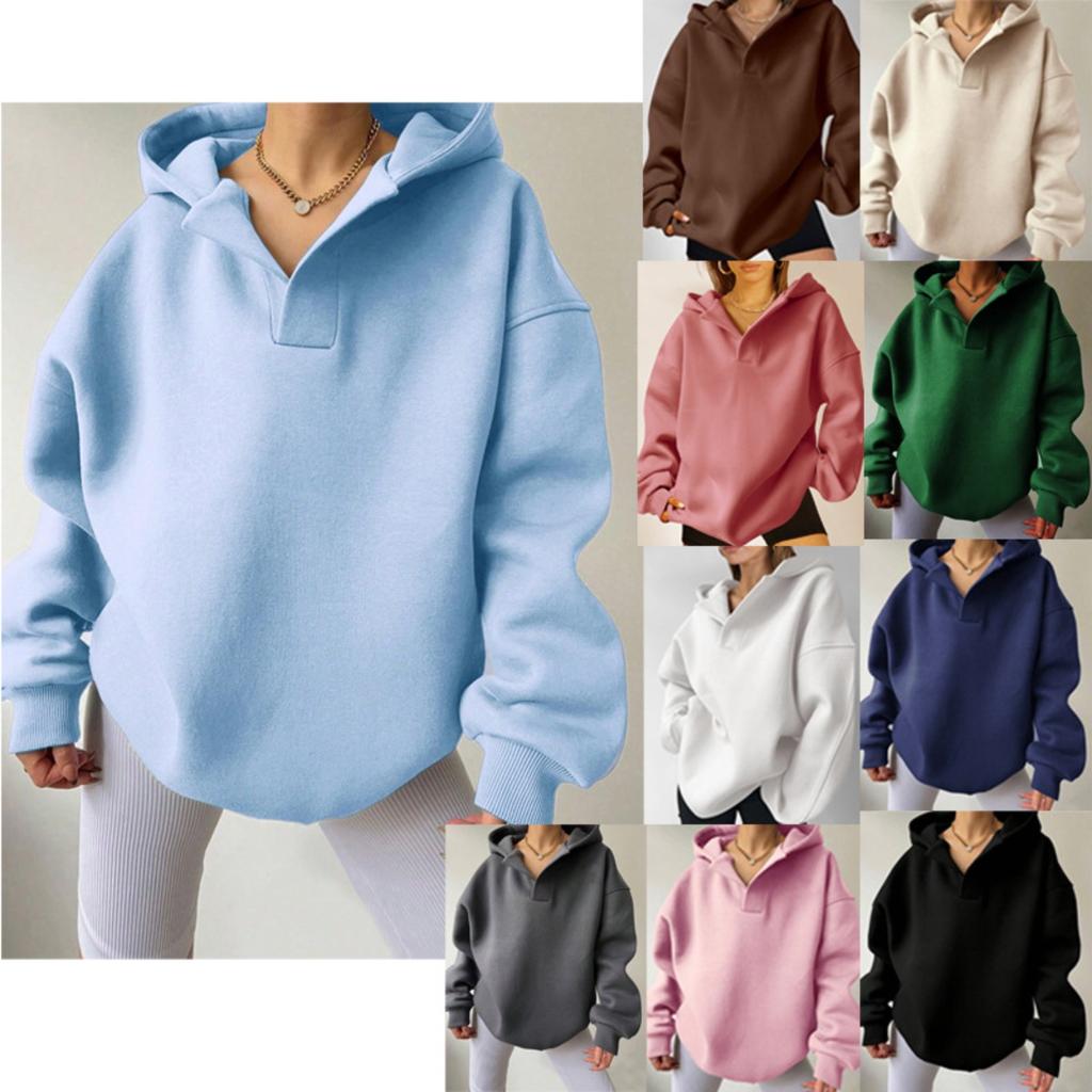 Women's Notch Hood Long Sleeve Sweatshirt Oversized Fit Casual Solid Polyester Pullover Hoodie