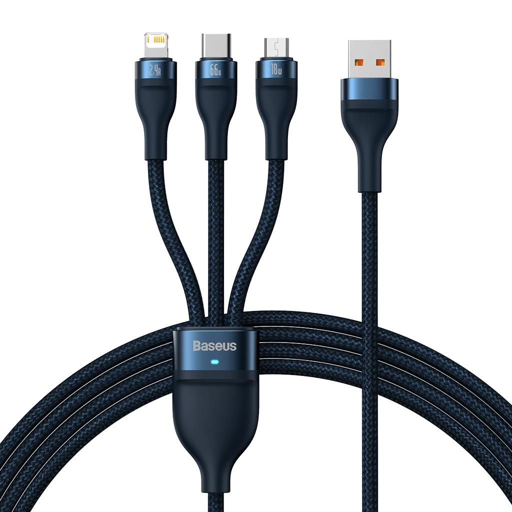 Kabel Usb 3W1 Baseus Flash Series, Usb-C + Micro Usb + Lightning, 66W, 1.2M (Niebieski)