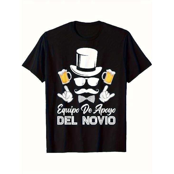 Men's Bachelor Party T-Shirt - Funny Spanish Groom Squad "Equipo De Apoyo Del Novio" & Bachelor Beer Mug Design, Black Wedding Crew Outfit Tee for