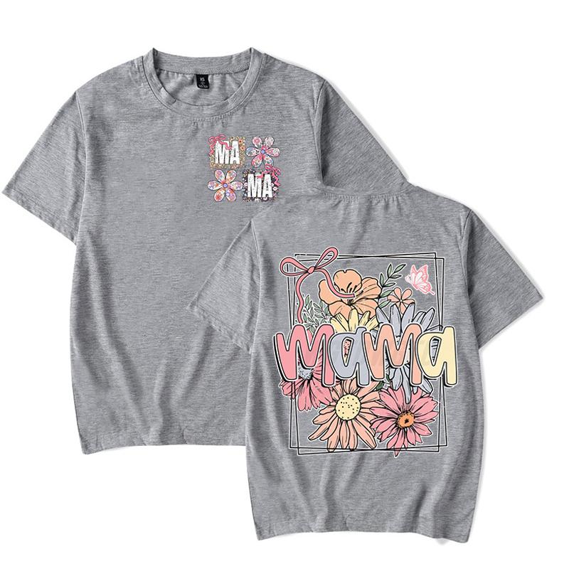 Boho Vintage Flower Mama T-Shirt Design Funny Gift for Mama Trendy Women Clothing Crew Neck Mother's Day Fashion Tops Clothes