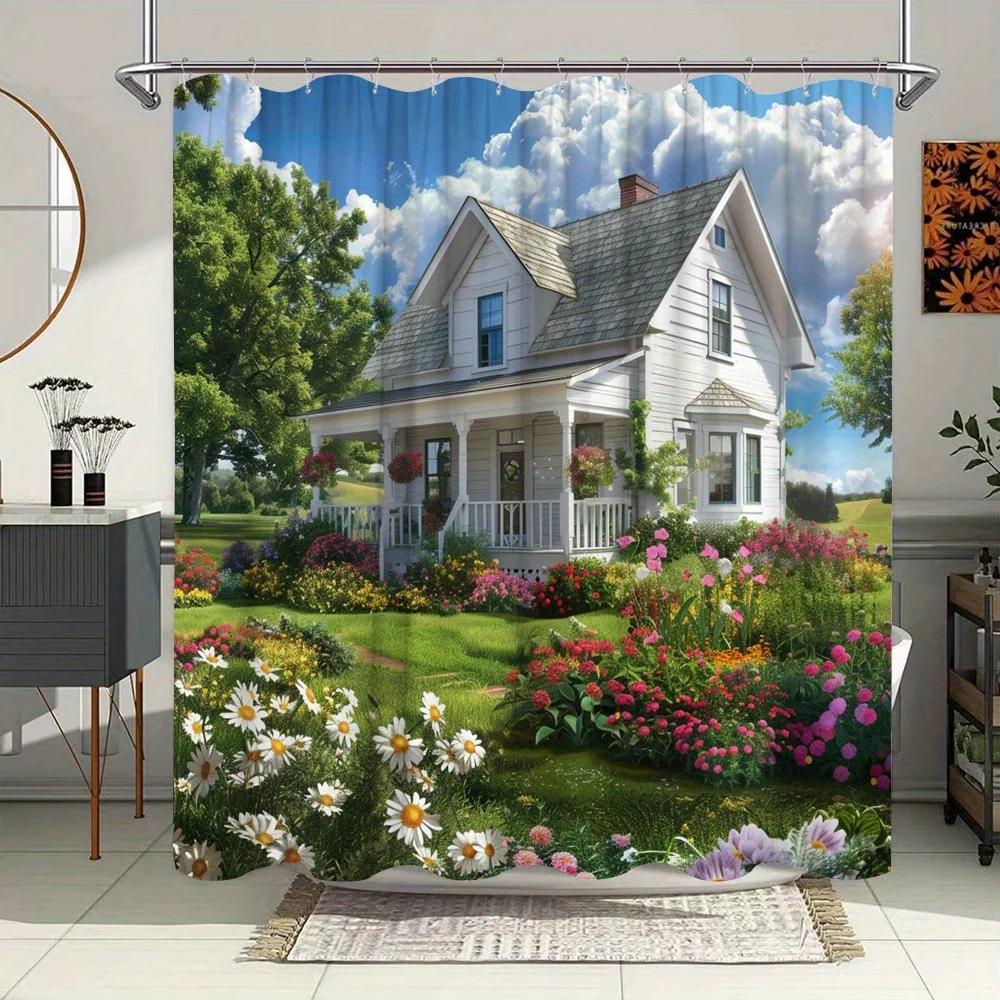 

YXCharming Victorian House Shower Curtain - Vibrant Garden Scene, Polyester, 12 Hooks, Idyllic Countryside Bath Décor W90xH180cm