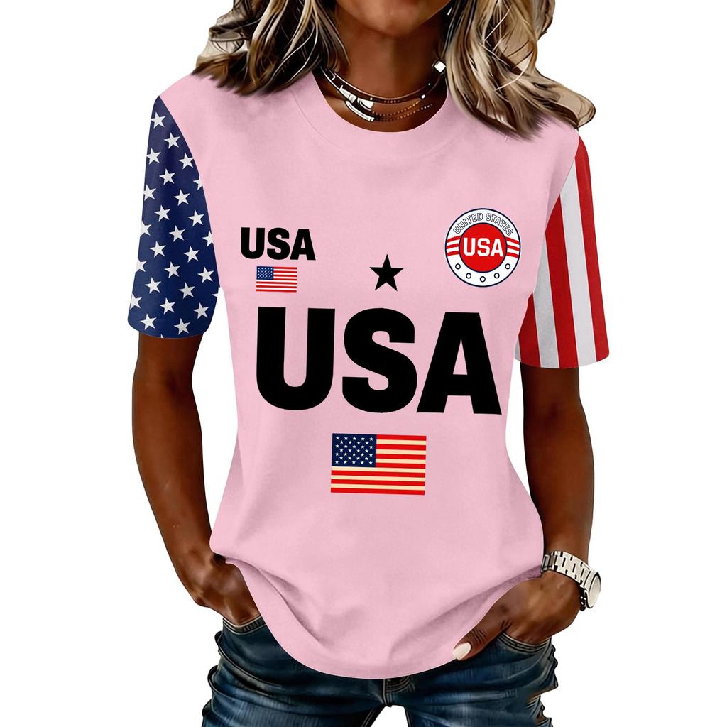 Blusa Feminina da Moda Casual de Manga Curta com Estampa e Gola Redonda