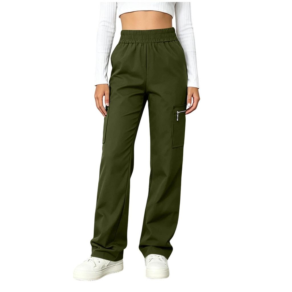 Women Casual Wide Leg Cargo Pants Elastic Waist Drawstring Pockets Long Trousers Lightweight Comfortable Fit
