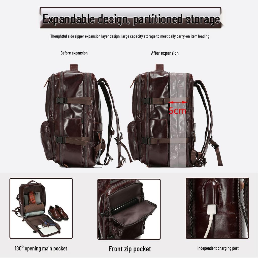 Men's Genuine Leather Expandable Large Capacity Shoulder Backpack for Business Travel