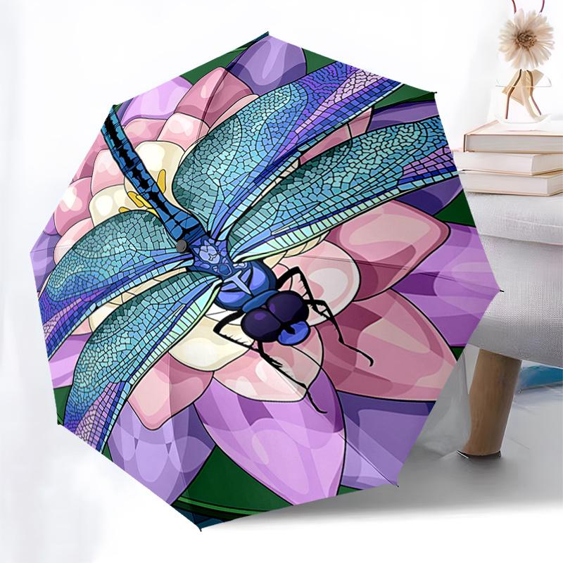 Stained Dragonfly on Lotus Flower Automatic Opening Folding Umbrella - Portable 3-Fold Design with 8-Bone Steel Frame, Gift for Fans, Travel