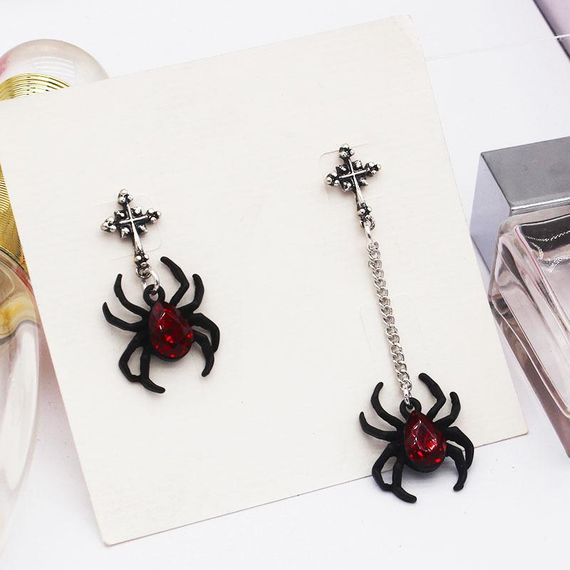 Punk Rock Kolczyki Sztyfty Pająk Czarny Gotycka Osobowość Czerwony Kamień Asymetryczny Łańcuszek Chwost Wiszące Kolczyki Biżuteria Prezenty