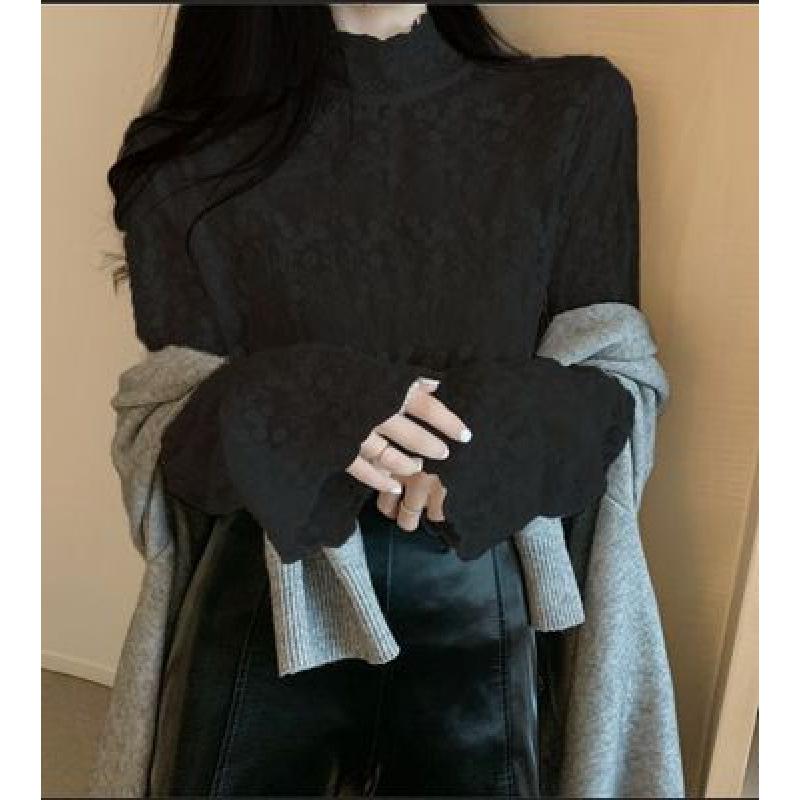 Plus Size Women's Lace Inner Shirt: Elegant Long Sleeve Mesh Top for Autumn/Winter