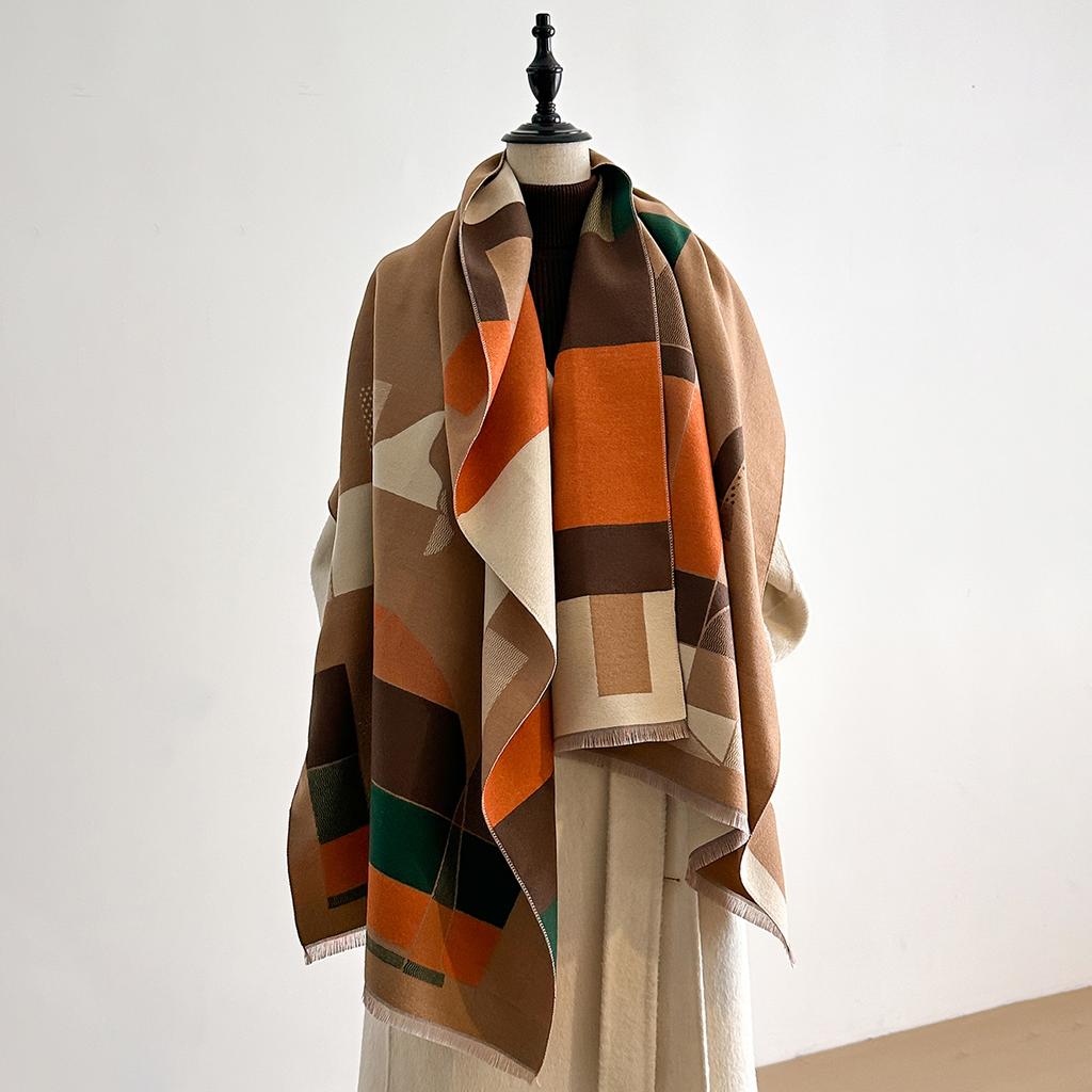 Luxuriöser Winterschal für Damen Faux-Kaschmir Warm Geometrischer Katzen-Print Pashmina Dick Weich Stola Wickeltuch Damenmarke Foulard Bufanda