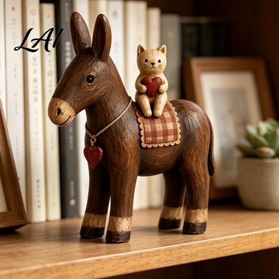 Collectible Animal Figurines Rustic Donkey Resin Figurine Farmhouse Style with Cat Tabletop Retro Interior Decorations Decoration Vintage