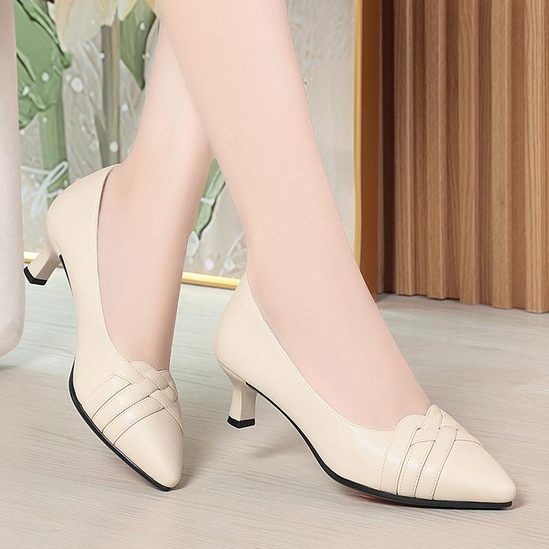 Soft Leather Women's Shoes Spring and Autumn Single Shoes Women's Medium Heel High Heels Stiff Heel Work Shoes Soft Leather Shoes One Pedal