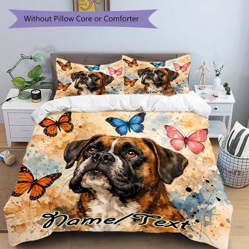 3PC Custom Name Butterfly Boxer Dog Art Bedding Set Printed Bedding Set Duvet Cover Closure Includes 1 Duvet Cover & 333 Pillowcases for Bedroom