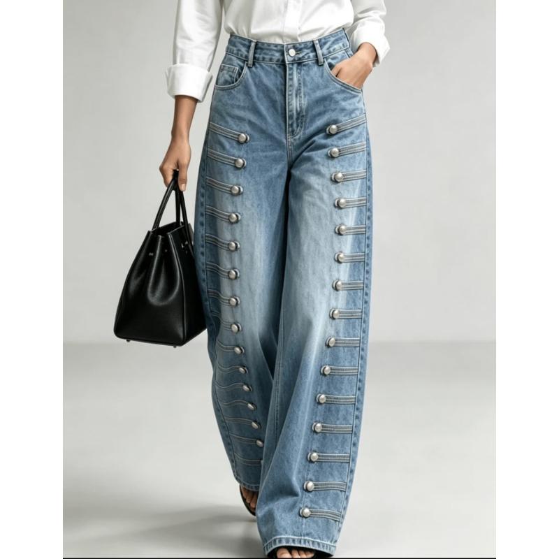Women Jeans Vintage Buttons Wide Leg