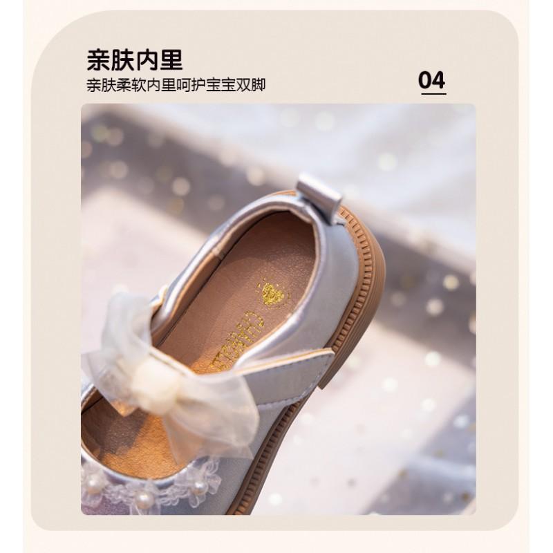 Girls Princess Shoes 2026 White Low-Heel Dress Kids With Bow Soft Rubber Sole Closure