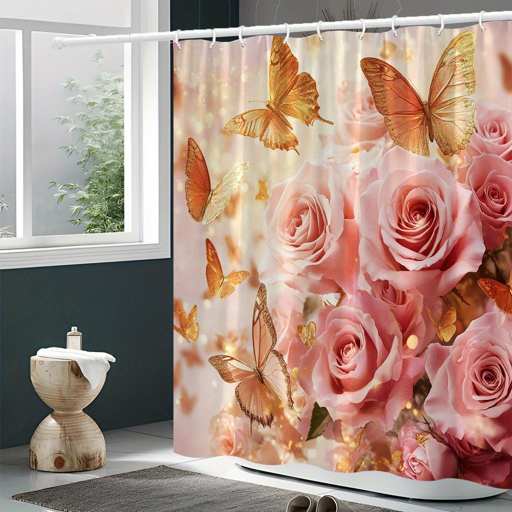1pc Romantic Soft Pink Roses and Golden Butterflies Shower Curtain, Polyester Woven Fabric, Fashionable Bathroom Decor