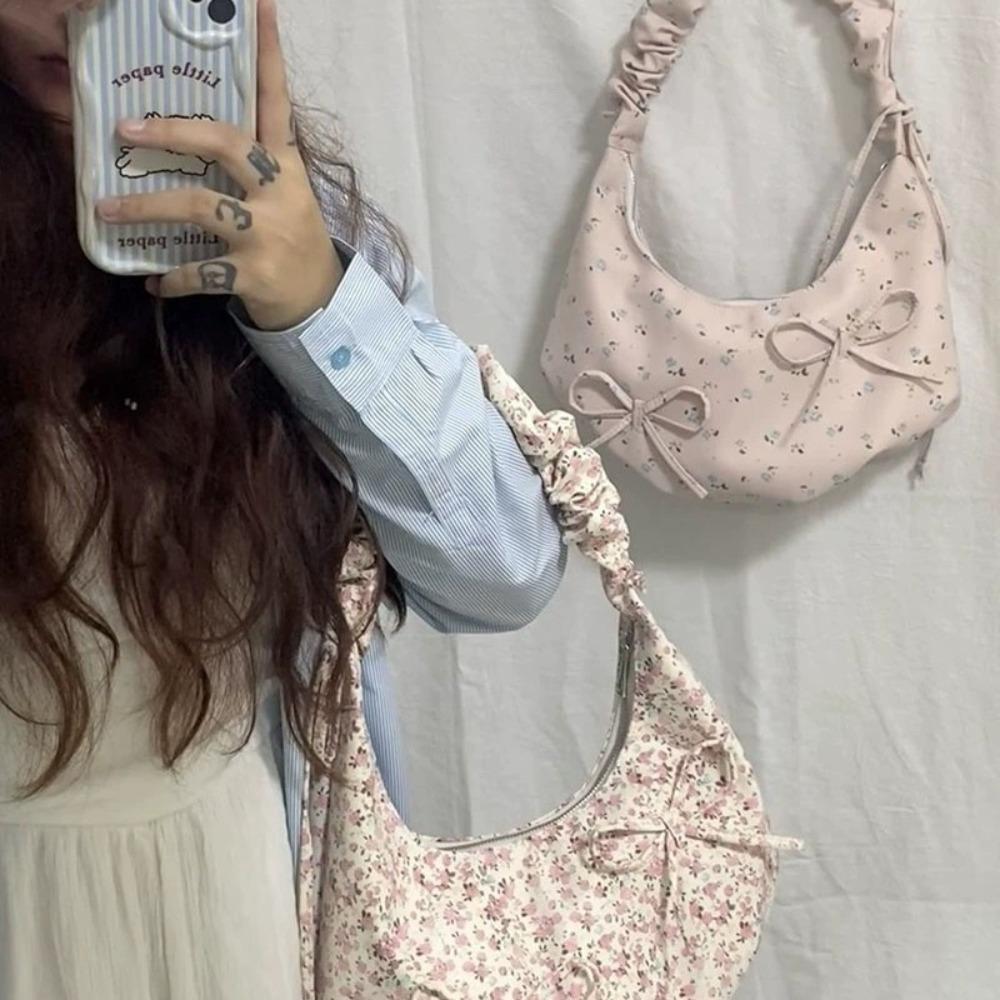 New Small Fresh Floral Shoulder Bag Drawstring Portable Pleated Dumpling Bag 2025 New Lazy Wind Underarm Women's Bag