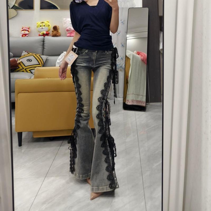 

Women s American Retro Lace-Up Flare Denim Pants - 2025 Spring/Summer Slim Fit Floor-Length Design Large
