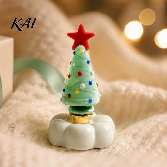 Handcrafted Holiday Table Decor Handmade Glass Christmas Tree Ornament with Star Top And Colorful Bead Details, Crystal Topper Desktop Rotating
