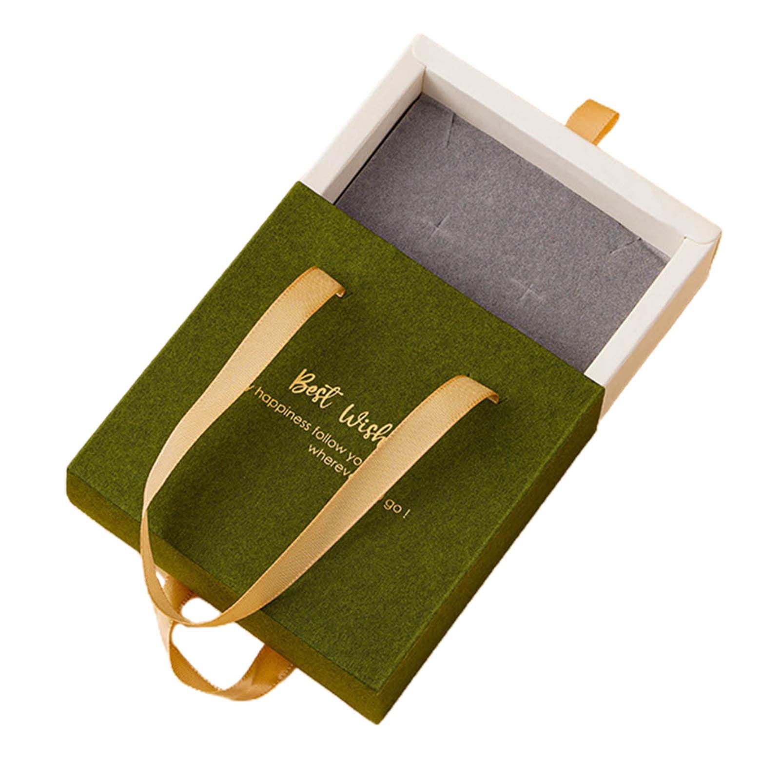 

Paper Drawer Jewelry Storage Box with Ribbon Handle Earrings Rings Pendants Packaging Boxes Portable Pulling Box Decor зелёный