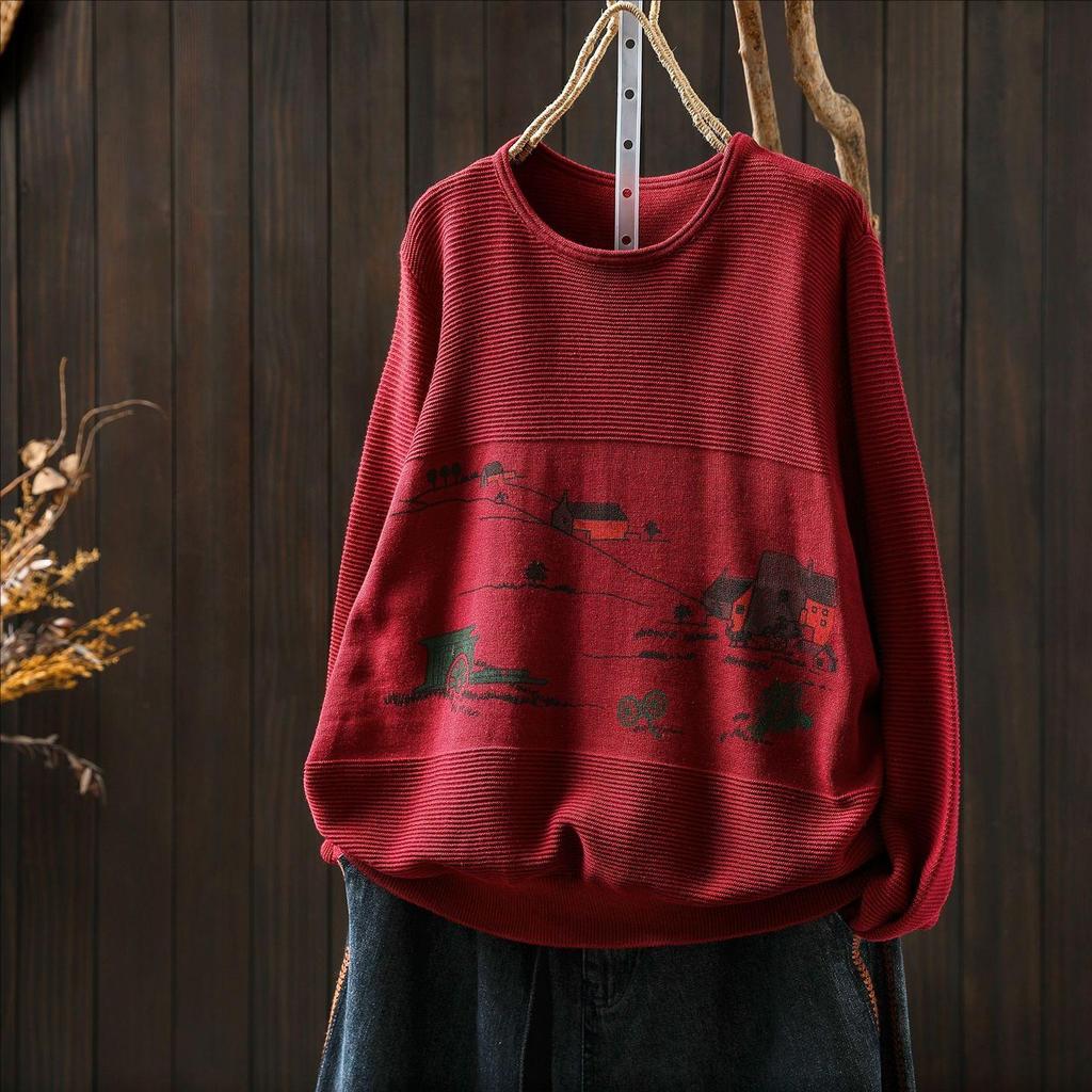 Autumn Cartoon Print Long Sleeve Knit Cotton Sweater for Women