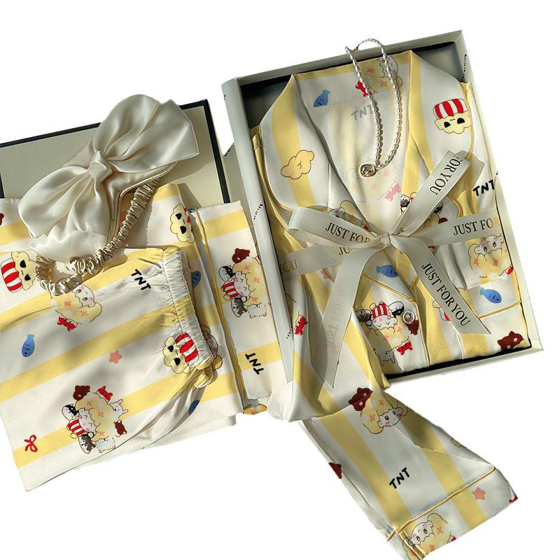 Ice silk pajamas women's striped rice burst baby autumn long-sleeved simple natural style silk loungewear two-piece set