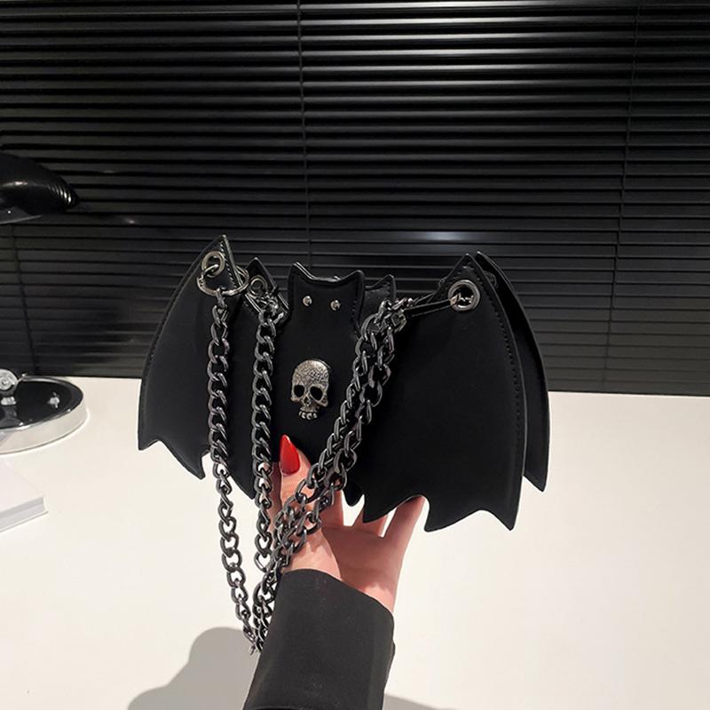 Gothic Style Bat & Skull PU Leather Shoulder Bag Vintage Solid Color Crossbody Bag with Adjustable Chain Strap for Outings, and Everyday Use