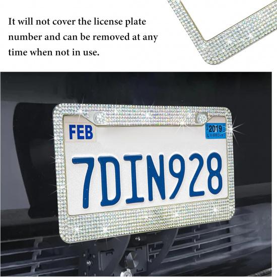 Bling Car License Plate Frame, 2 Holes Stainless Steel Sparkly Auto Tag Cover with Screws Caps, Bedazzled Rhinestone Licence Plate Holder Vehicle