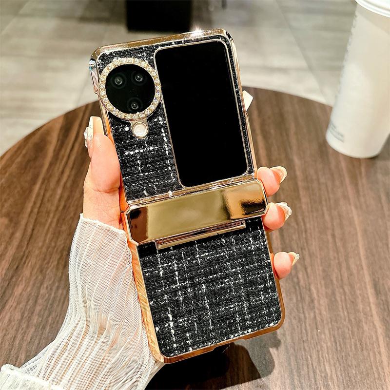 For Oppo Find N3 Flip 5G Case Plaid Texture Rhinestone Decor Hinge Protection PC Phone Cover