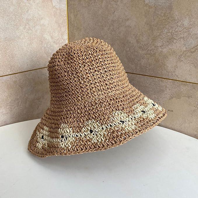 Cappello da sole a tesa larga da donna alla moda, intrecciato a mano in paglia, con visiera protettiva UV per vacanze all'aperto al mare
