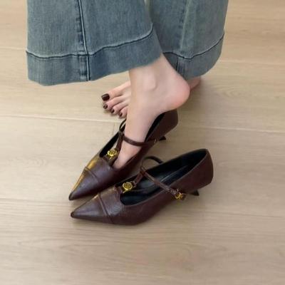 French Low-heeled Pointed Single Shoes for Women's 2025 Spring New Soft Leather Flats with One-word Strap Skirt Mary Jane