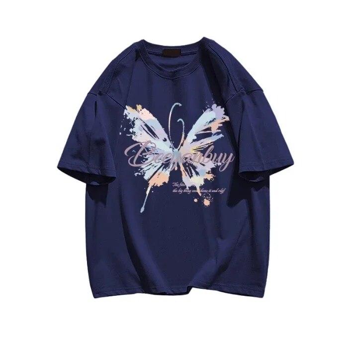 Sommer Uformelle y2k topper T-skjorter harajuku overdimensjonert sommerfugltrykk i ren bomull T-skjorte Grafisk Dame T-skjorter Hipster kawaii klær