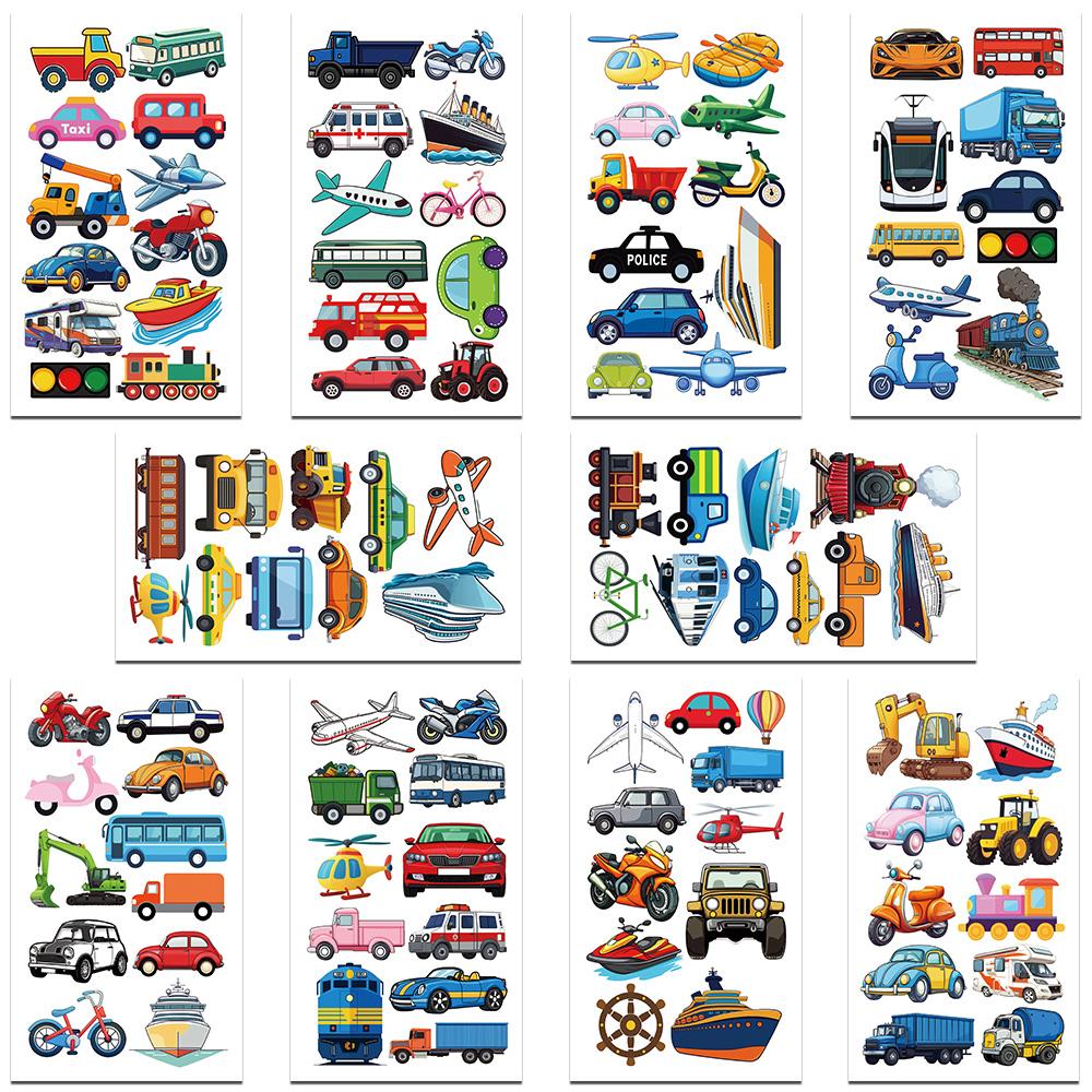 

10 листов мультяшных транспортных средств, автомобилей, кораблей, узоров, татуировок, наклеек для рук, лица, тела, временных поддельных татуировок, детских праздничных принадлежностей
