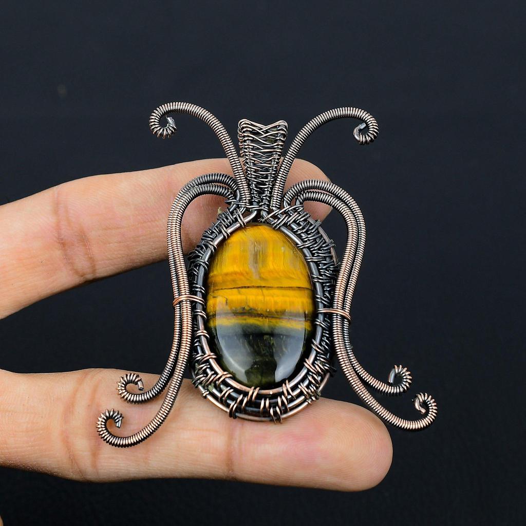 Butterfly Shaped Tiger Eye Gemstone Pure Copper Wire Wrapped Handmade Pendant Jewelry For Her
