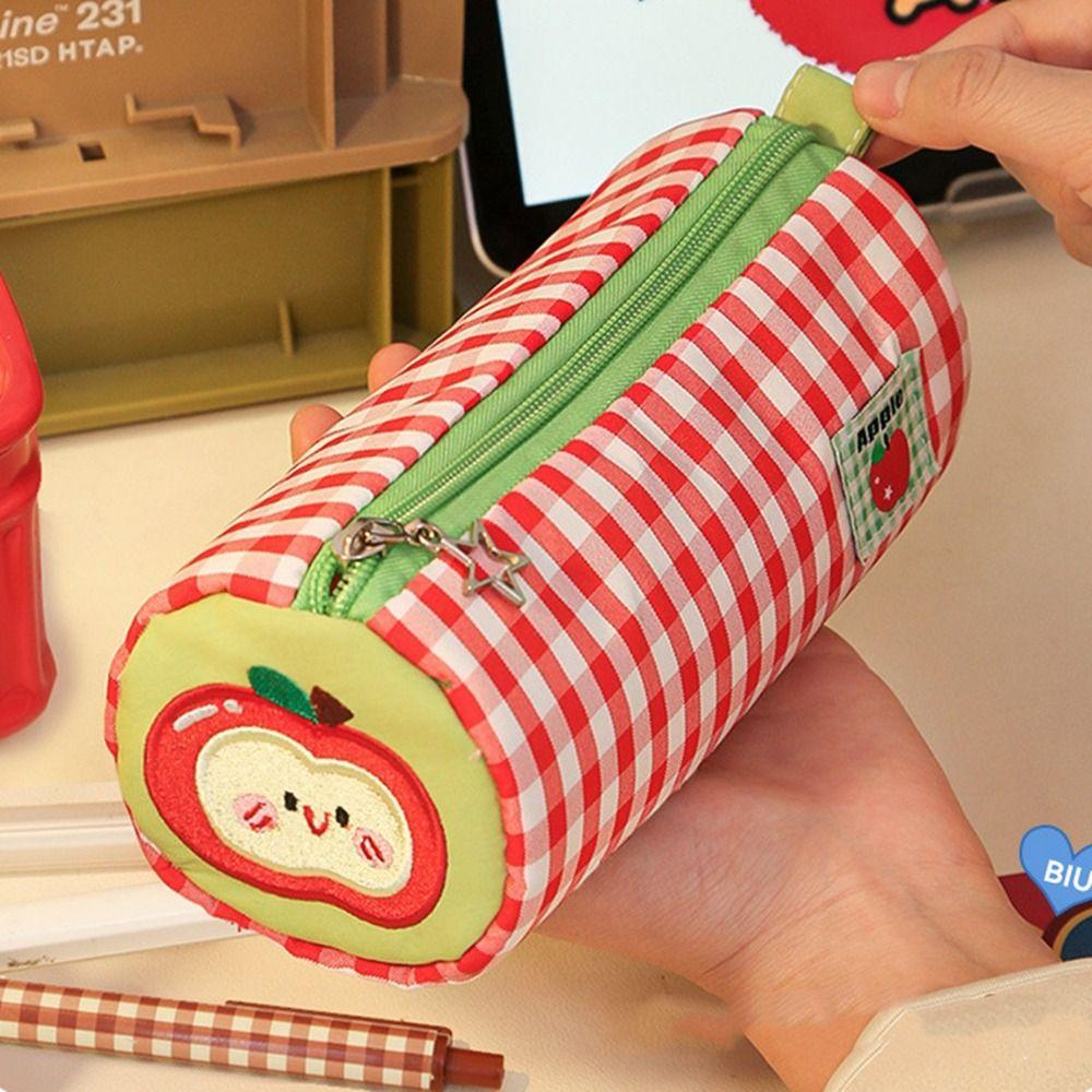 Cake Roll Embroidery Pen Case Desk Storage Bag Plaid Pen Bag School Office Supply