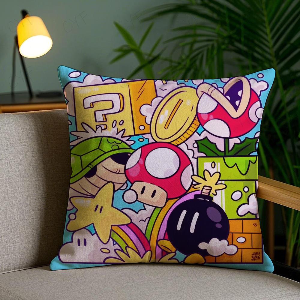 Super Cute Style M-Marios Pillow Case Anti-Dustmite Pillowcase Invisible Zipper Silky Short Plush Sofa Cushion Cover