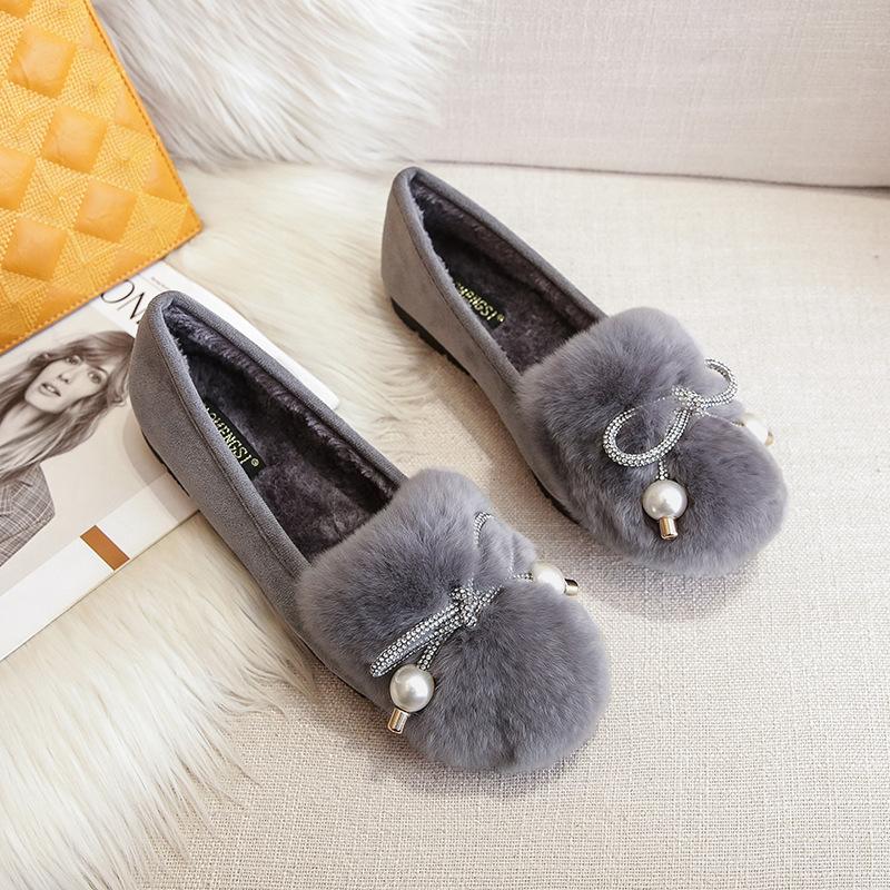 

T54 зимние теплые хлопковые туфли 2025 новые утолщенные пушистые туфли для улицы ленивые бархатные туфли-бобы женские туфли 33 серый