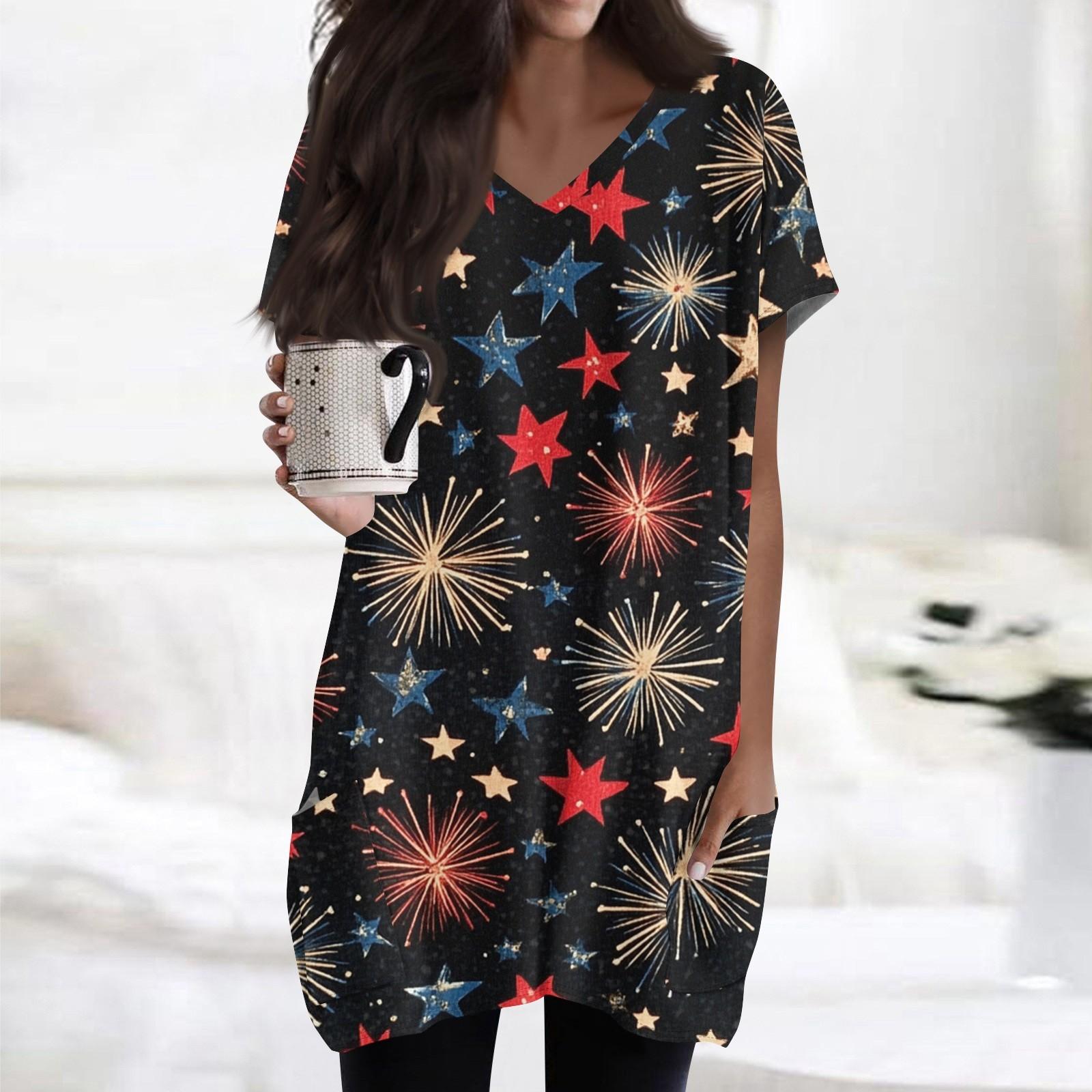 

Womens Tops V-neck Short Sleeve Blouses Casual Mid-length Shirts Fashion Independence Day Print Tunic Tops With Pockets L чорний