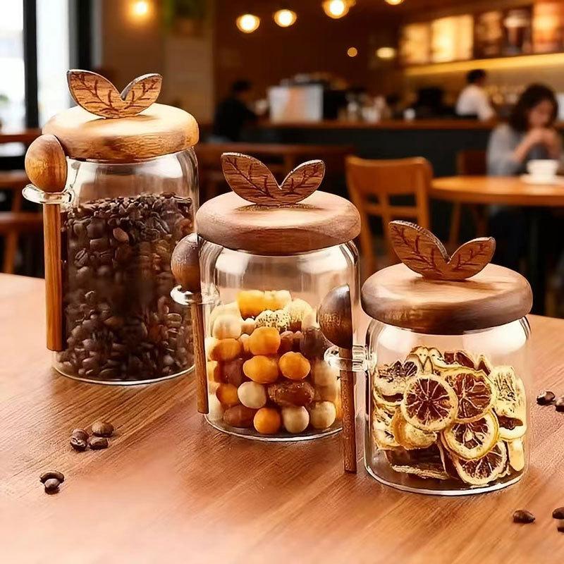 Home Kitchen Transparent Glass Sealed Jar With Spoon Leaf Wooden Lid Coffee Bean Moisture Proof Spice Storage Container