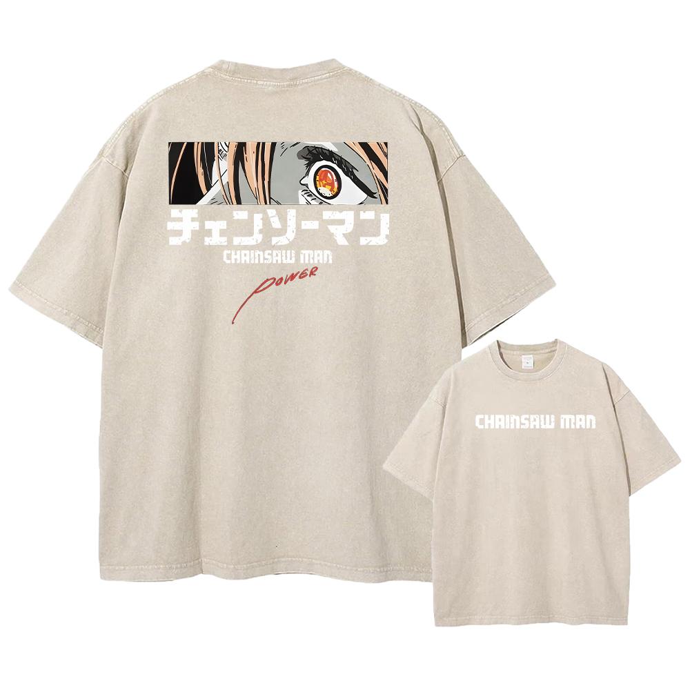 Chainsaw Man Anime Manga Koszulka Washed z Krótkim Rękawem Oversize T-Shirty Nowość Męskie Topy Streetwear z Nadrukiem