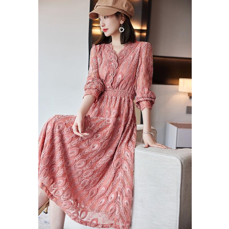 Demana Retro Lace French V-Neck Puff Sleeve Midi Dress