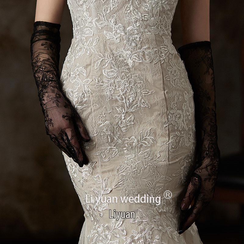 Off-White Sheer Lace Tulle Wedding Gown with Long Gloves