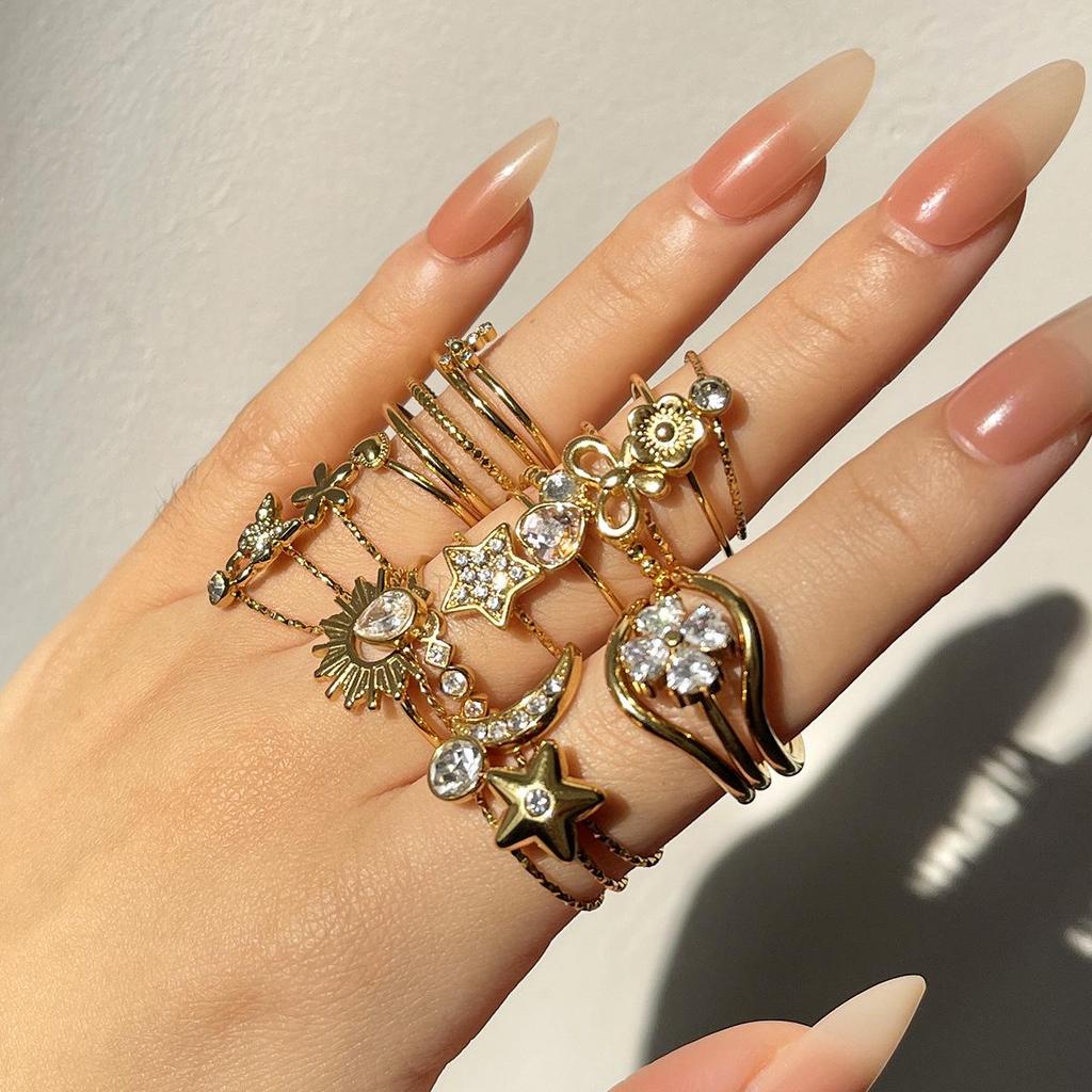 Europese & Amerikaanse 18k Goud Verguld Roestvrij Staal Diamant Ring Set - Lichte Luxe Dames Sieraden