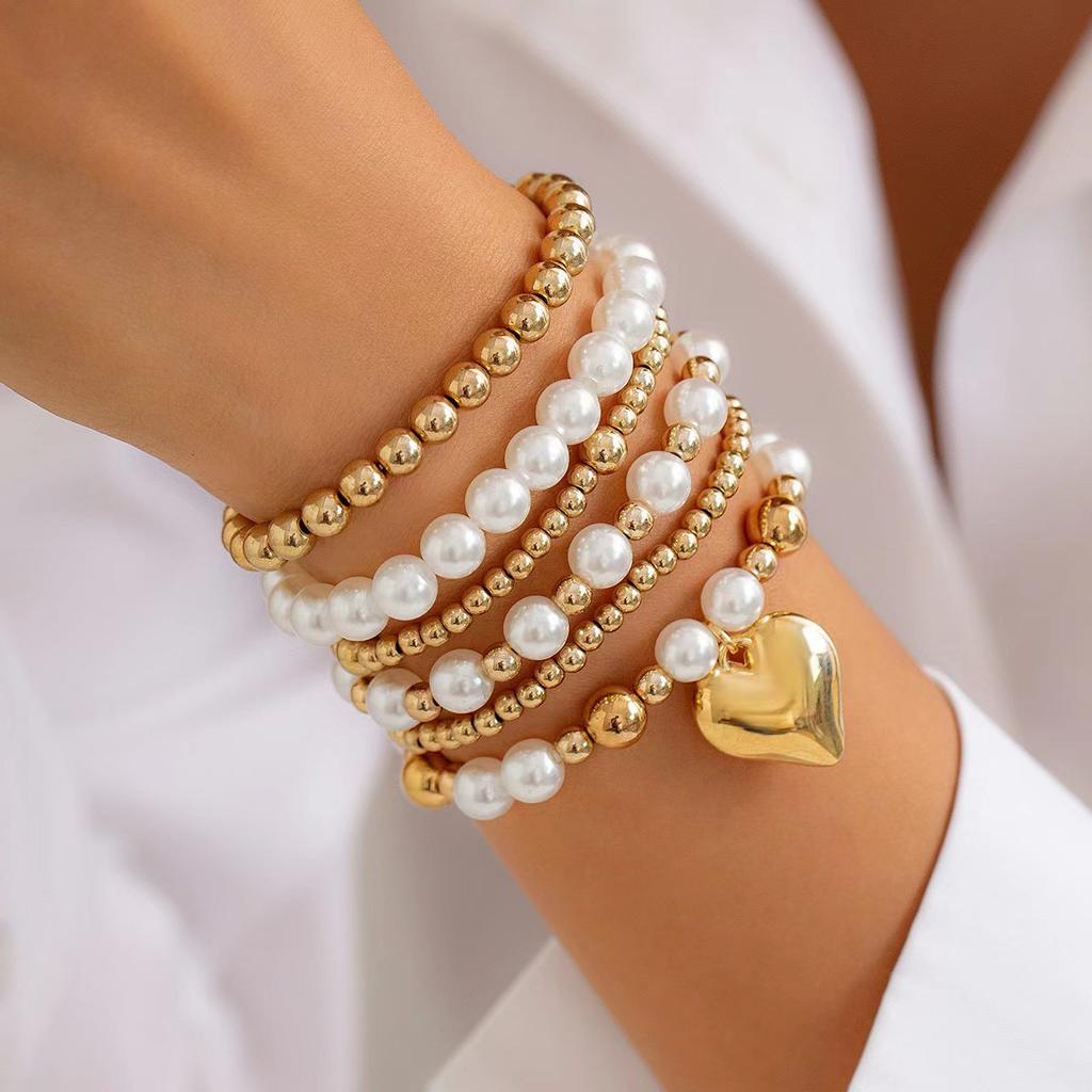 Personalized simple pearl beaded bracelet, fashion sense love hollow bracelet set