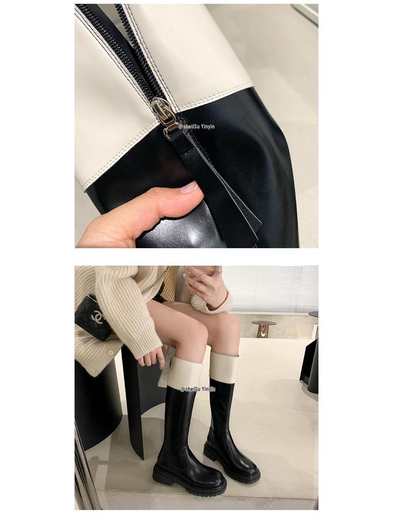 Su Yinyin Style Colorblock Round Toe Thick Sole Back Zipper Women's Riding Boots