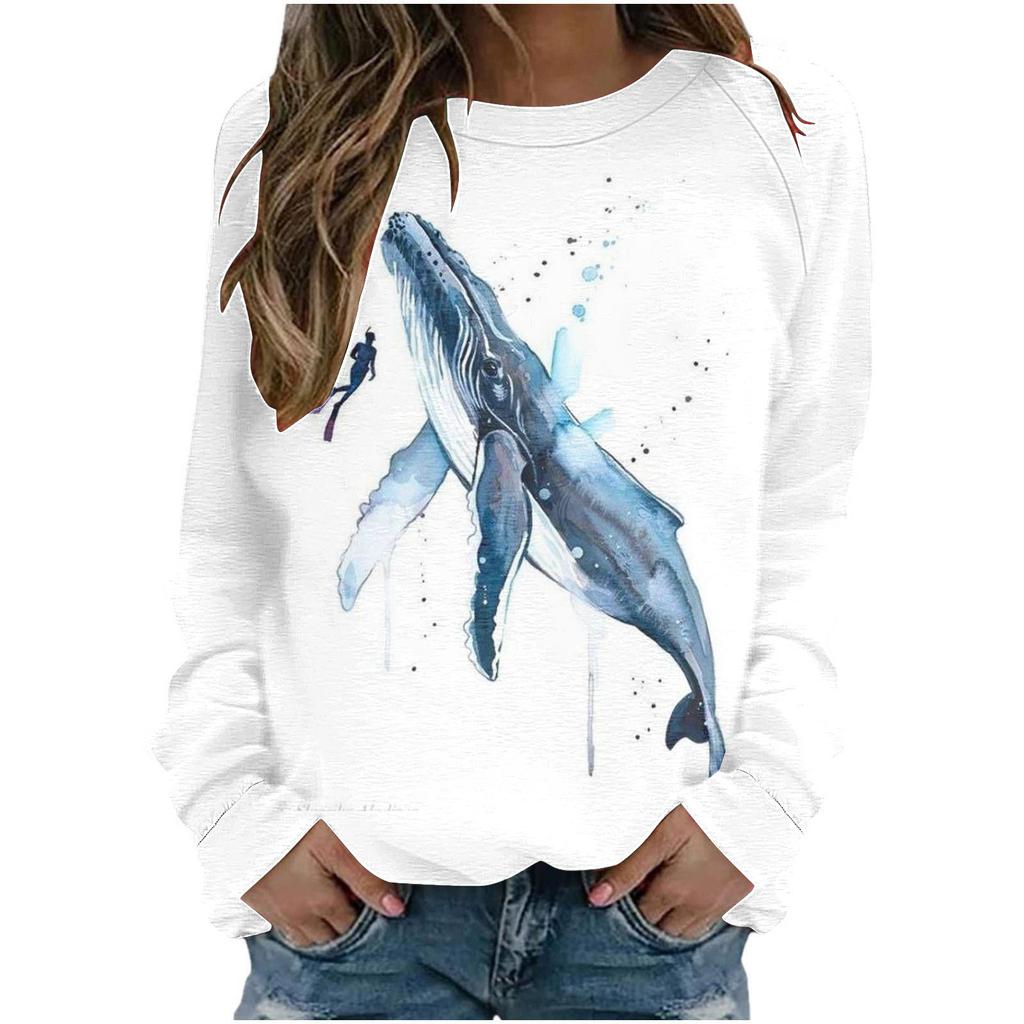 Autumn Round Neck Blue Women's T-shirt Loose Fitting Pullover Long Sleeved Whale 3D Printed Sweatshirt